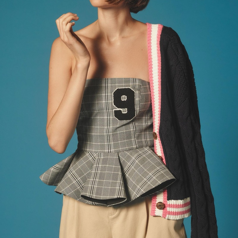 Mare Mare x Anthropologie Strapless Varsity Peplum Top